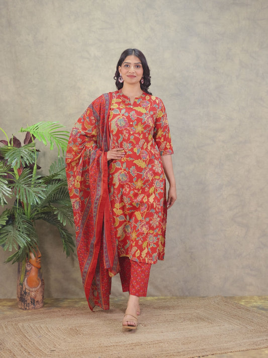 Soft Cotton Floral Straight Red Kurta
