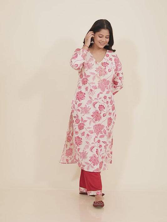 Linen Cotton Floral Kurta