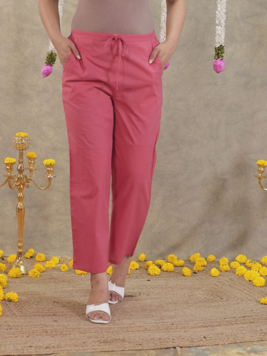 Soft Cotton Solid Red Straight Trousers