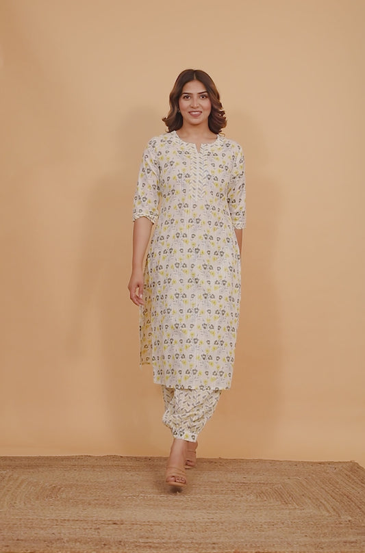 Soft Cotton Floral Straight Off-White Kurta
