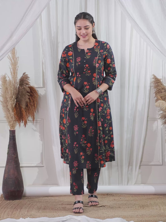 Soft Cotton Floral A-line Black Kurta