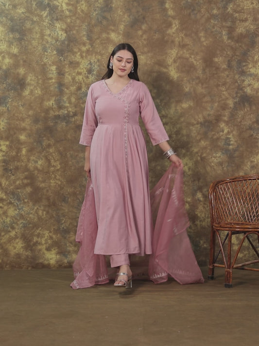 Embroidered Muslin Solid Angrakha Pink Kurta