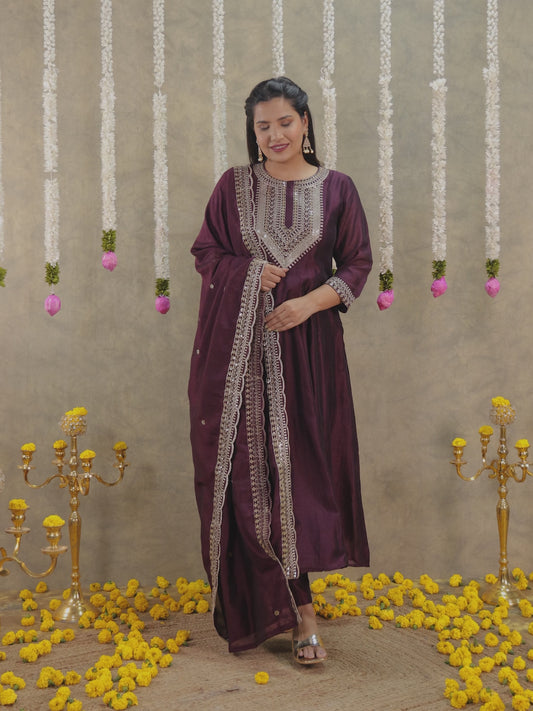 Embroidered Tissue chanderi Solid Anarkali Wine Kurta