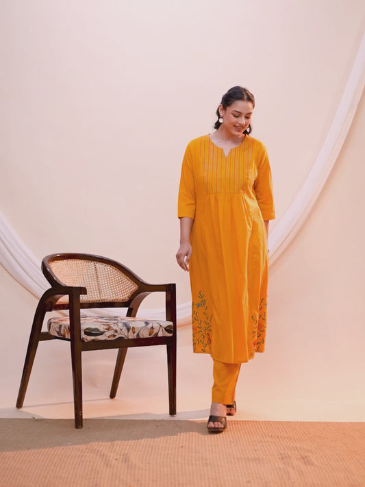 Embroidered Soft cotton Solid Flared Yellow Kurta