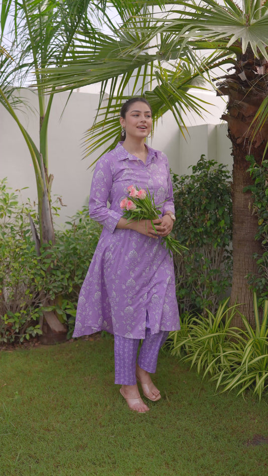 Soft Cotton Floral High Low Purple Kurta