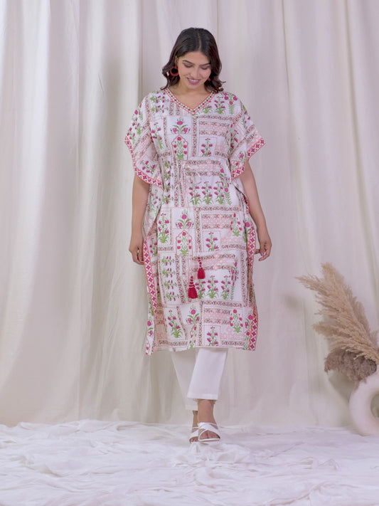 Soft Cotton Floral Kaftan Off White Kurta