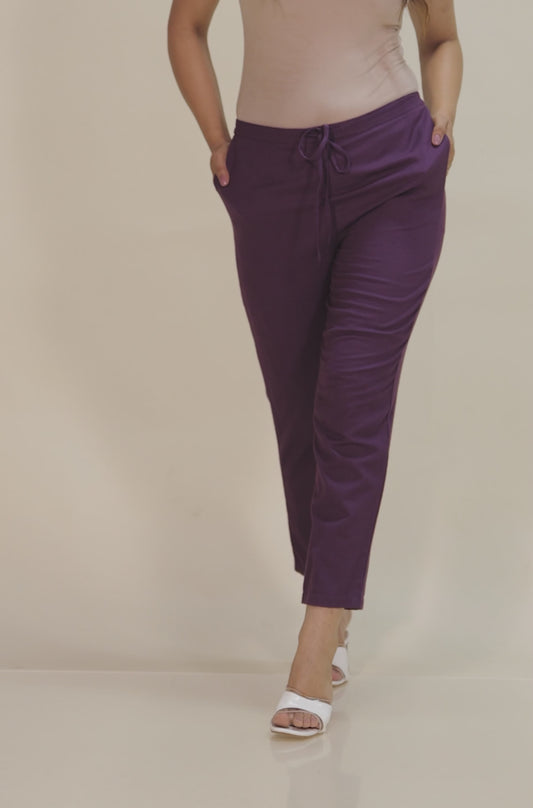 Linen Cotton Solid Purple Trousers  Tapered Trousers