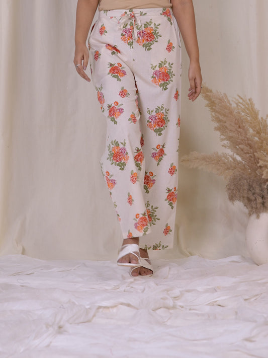 Linen Cotton Floral Off White Straight Trousers
