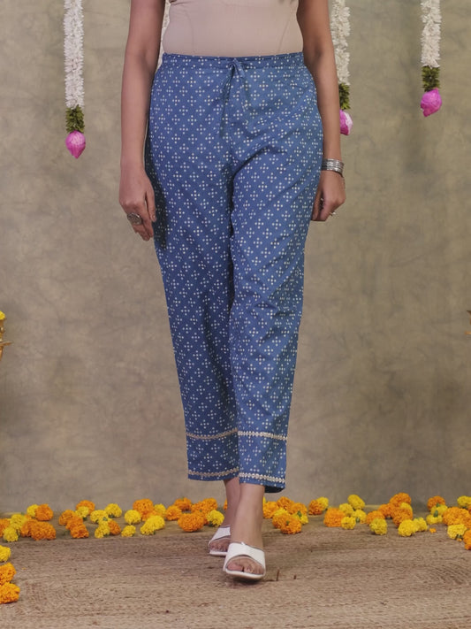 Embroidered Soft Cotton Bandhani Blue Tapered Trousers