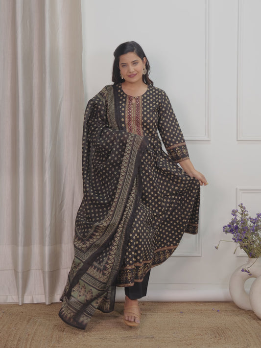 Embroidered Soft Cotton Butti Anarkali Black Kurta
