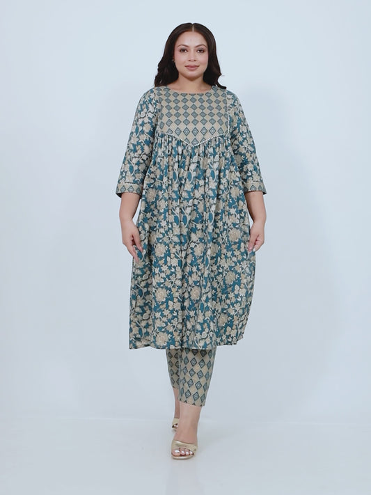 Soft Cotton Gold foil Flared Teal Kurta