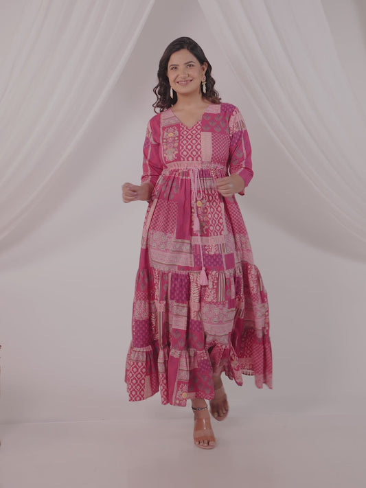Soft Cotton Patchwork Tiered and Flared Pink Dress