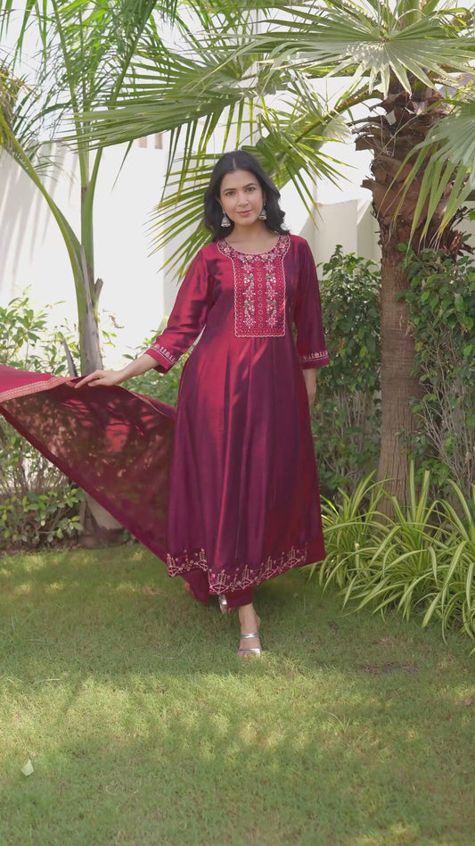 Embroidered Blended Silk Maroon Anarkali Kurta