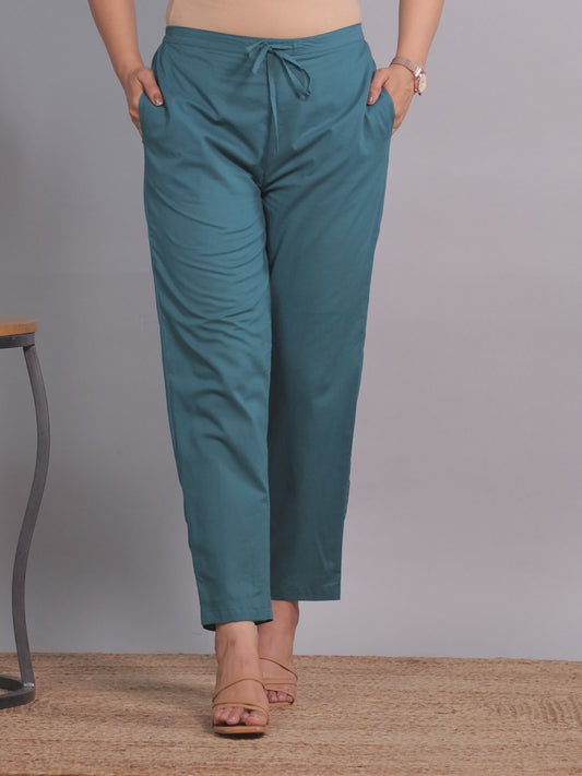 Soft Cotton Solid Teal Trousers  Tapered Trousers