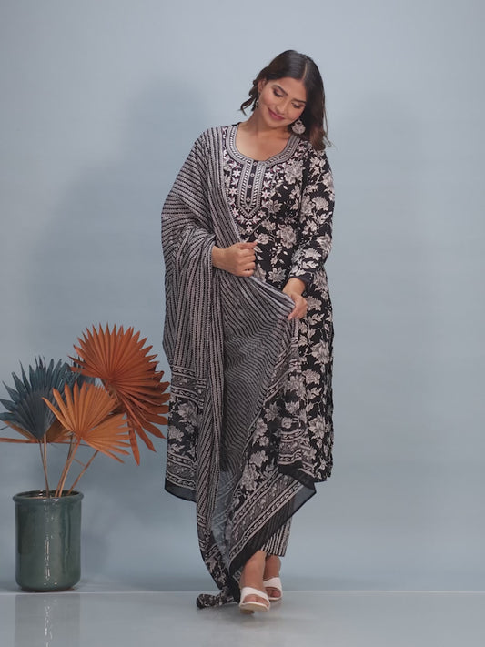 Embroidered Soft Cotton Floral Straight Black Kurta