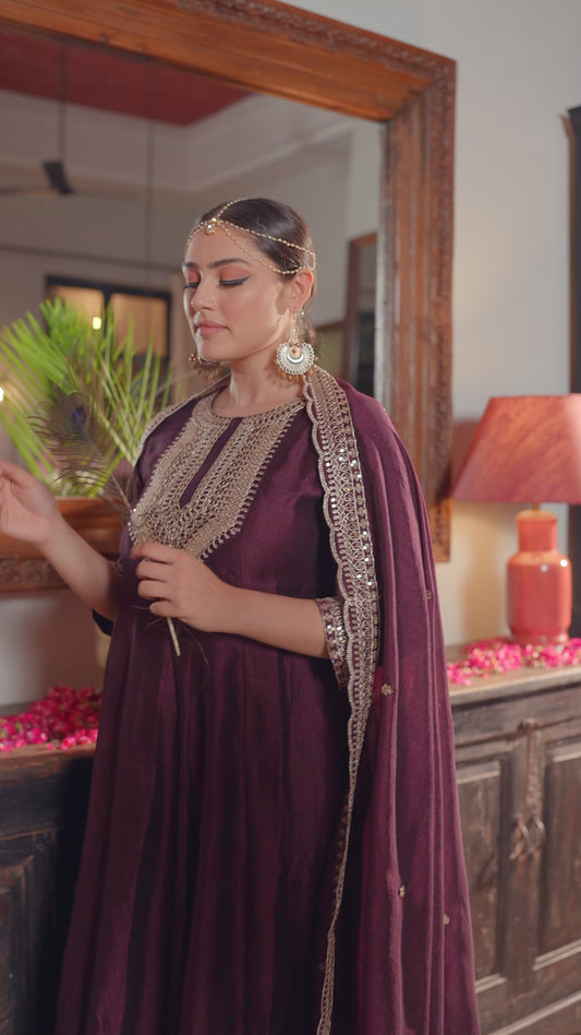 Embroidered Chanderi chanderi Solid Anarkali Wine Kurta