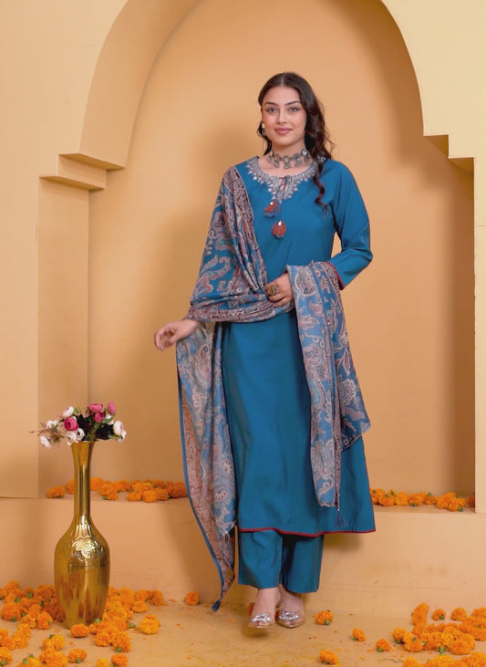 Embroidered Chanderi Solid Anarkali Blue Kurta
