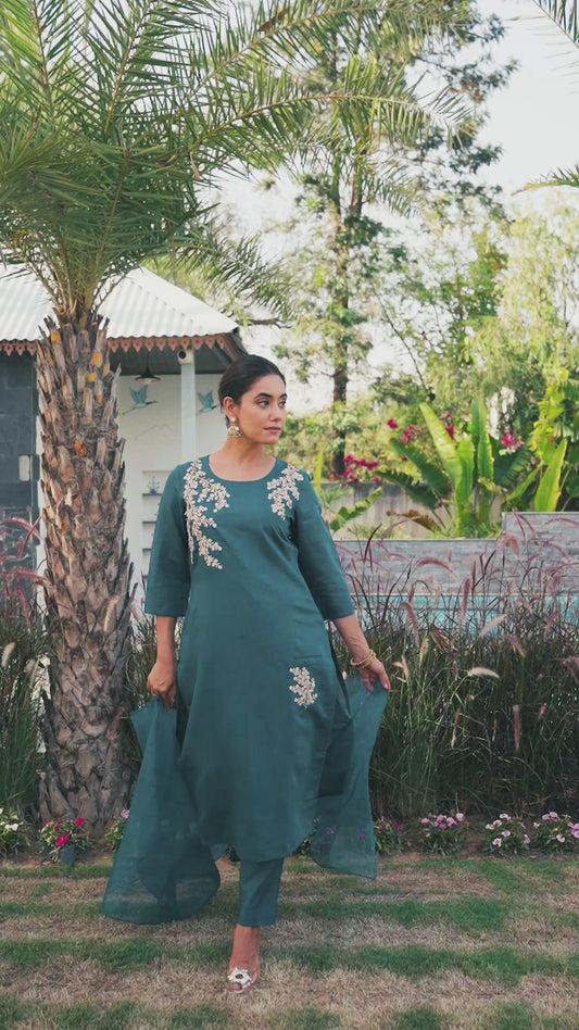 Embroidered Chanderi Solid Straight Teal Kurta