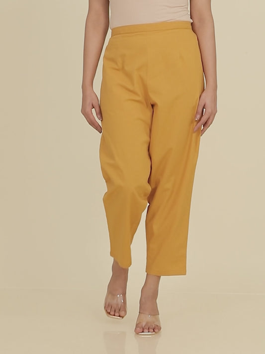 Soft Cotton Solid Yellow Tapered Trousers