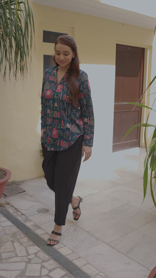 Soft Cotton Ajrakh Straight Teal Top