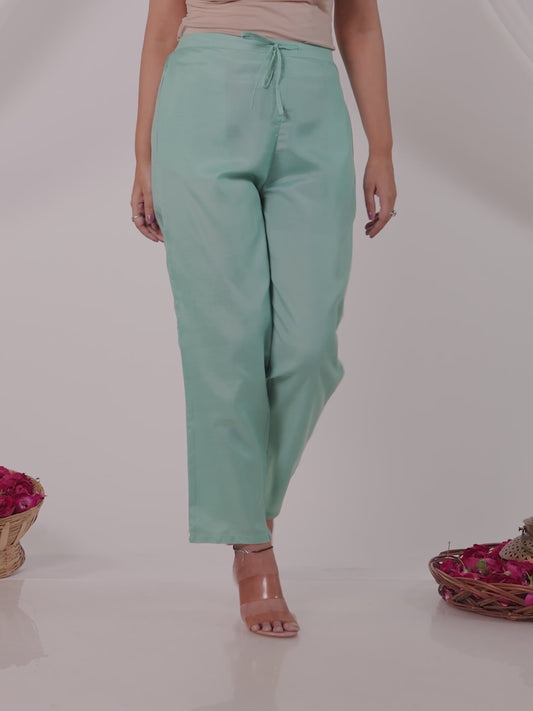 Blended Silk Solid Green Tapered Trousers