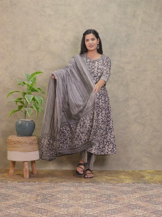 Embroidered Soft Cotton Floral Flared Brown Kurta