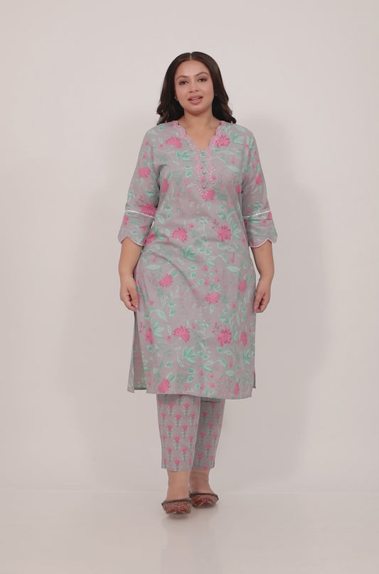 Embroidered Soft Cotton Floral Straight Grey Kurta