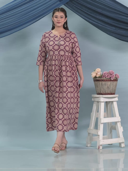 Kantha Cotton Geometric Anarkali Maroon Dress