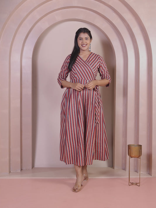 Cotton Chevron Angrakha Red Dress