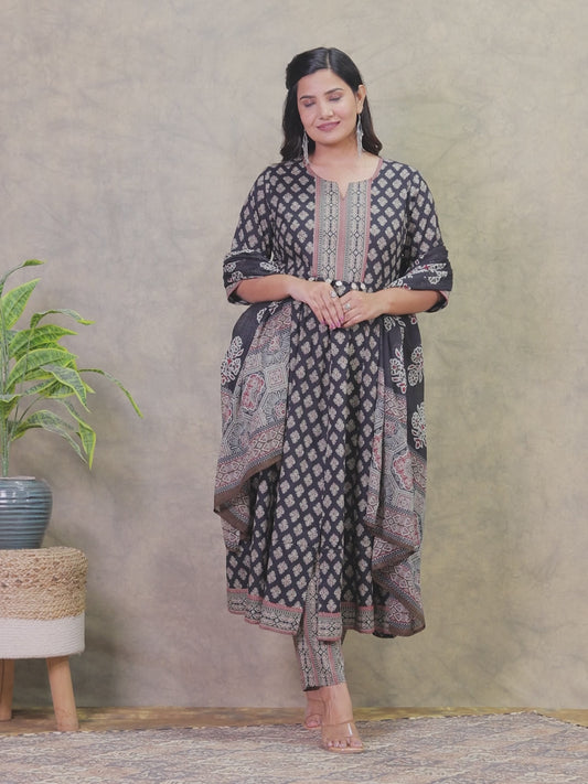 Soft Cotton Ajrakh Anarkali Black Kurta
