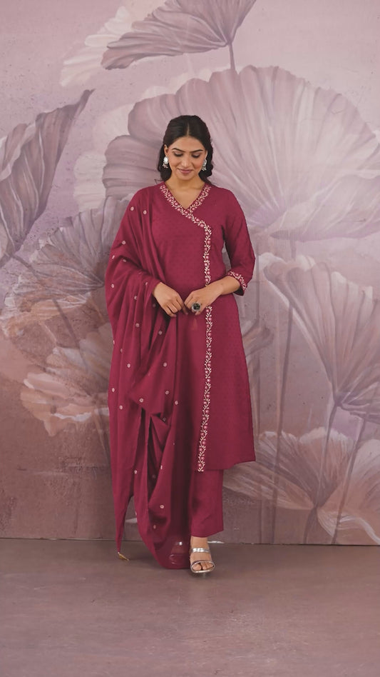 Embroidered Cotton Dobby Solid Straight Maroon Kurta