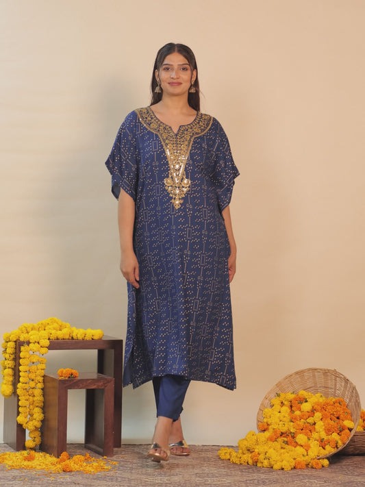 Embroidered Viscose Gold foil Kaftan Blue Kurta
