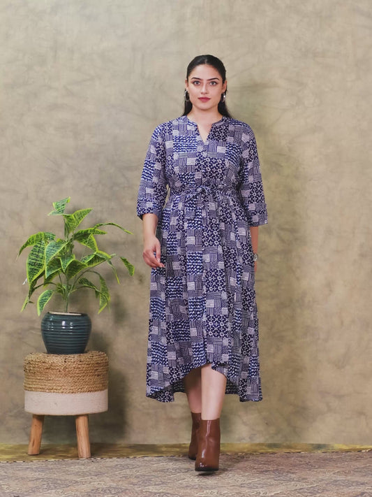 Soft Cotton Geometric High Low Navy Blue Dress