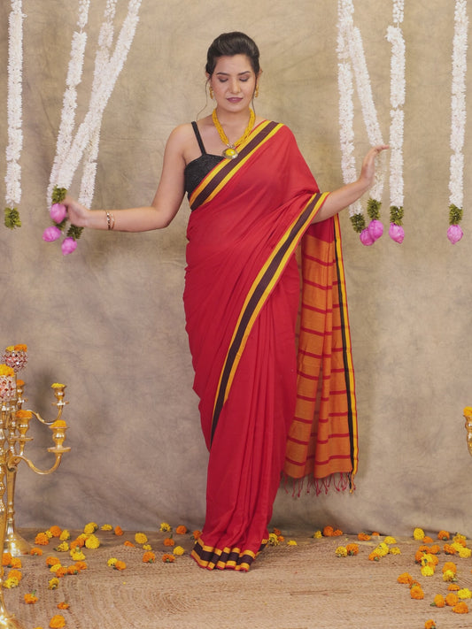 Soft Cotton Solid Red Saree