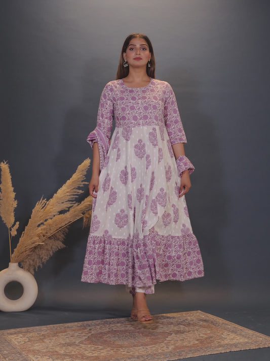 Soft Cotton Floral Anarkali Purple Kurta