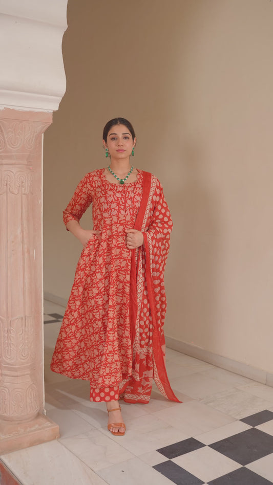 Soft Cotton Floral Flared Rust Kurta
