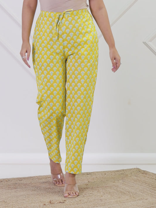 Soft Cotton Floral Lemon Yellow Tapered Trousers