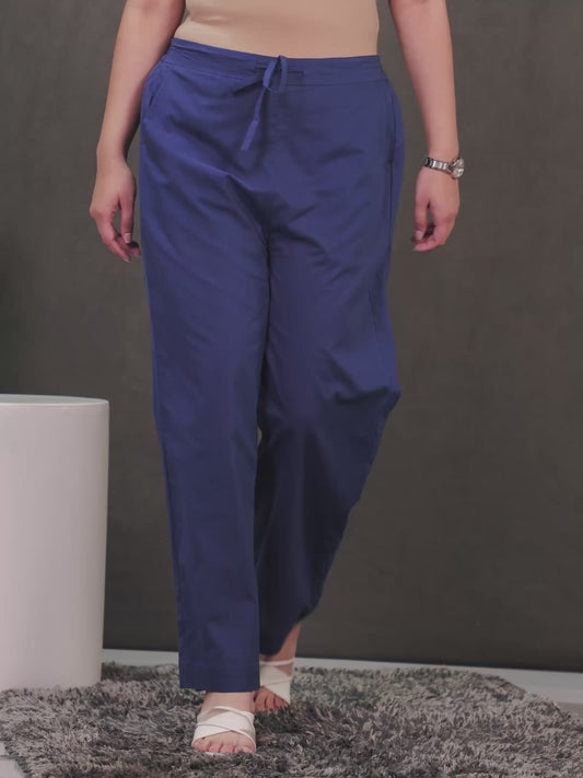 Soft Cotton Solid Blue Straight Trousers