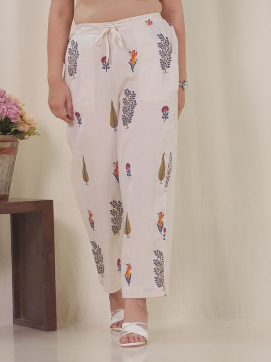 Linen Cotton Floral Off White  Trousers