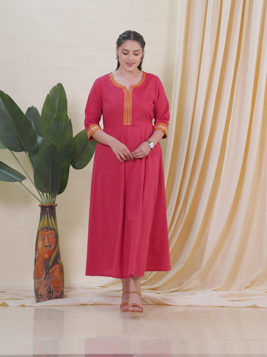 Embroidered Linen Cotton Solid Anarkali Peach Kurta