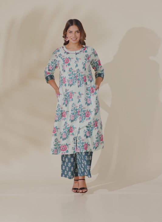 Kantha Cotton Floral Flared Off White Kurta