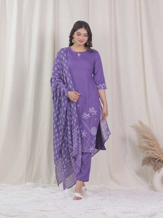 Embroidered Viscose Solid Straight Purple Kurta
