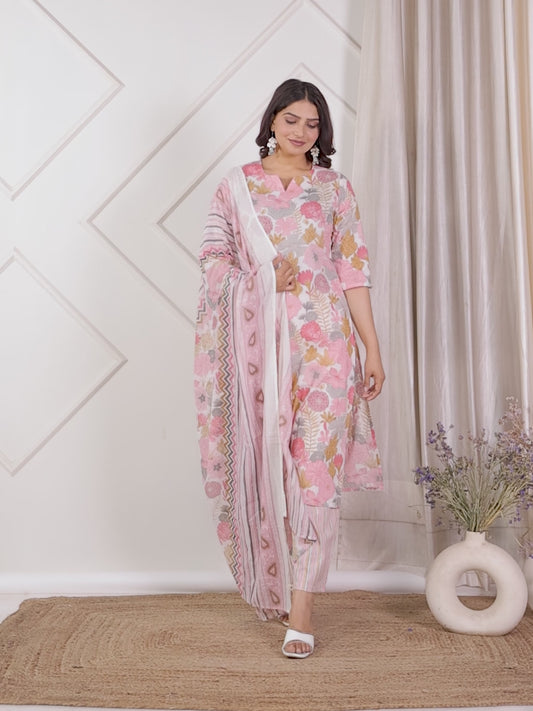 Soft Cotton Floral Straight Pink Kurta