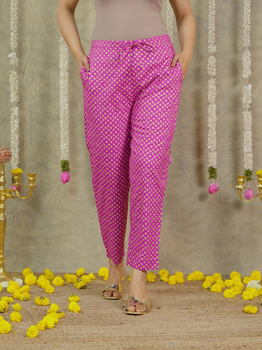 Viscose Gold foil Pink Tapered Tapered Trousers