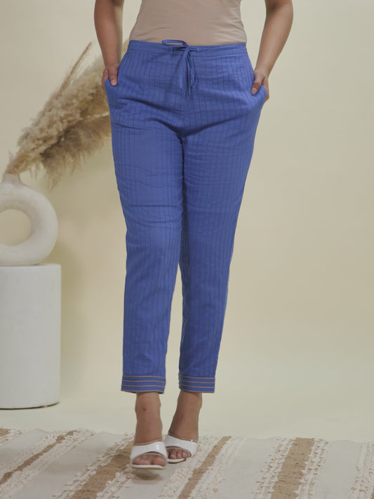Textured Cotton Solid Blue Tapered Trousers