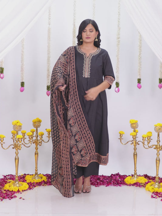 Embroidered Soft Cotton Solid Straight Black Kurta
