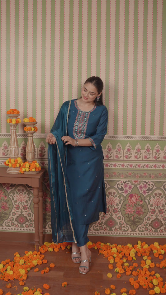Embroidered Chanderi Solid Straight Teal Kurta