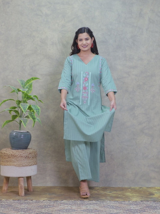 Embroidered Cotton Dobby Solid Straight Green Kurta