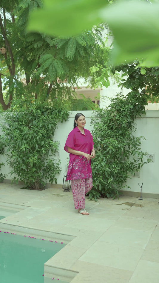 Soft Cotton Placement Print Kaftan Pink Kurta