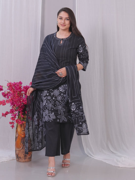 Embroidered Soft Cotton Placement Print Straight Black Kurta
